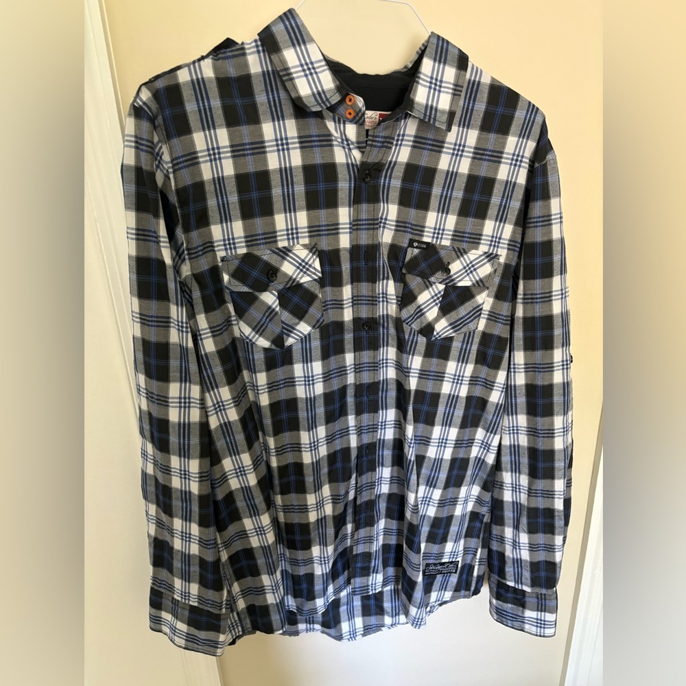 White black and blue plaid dress shirt